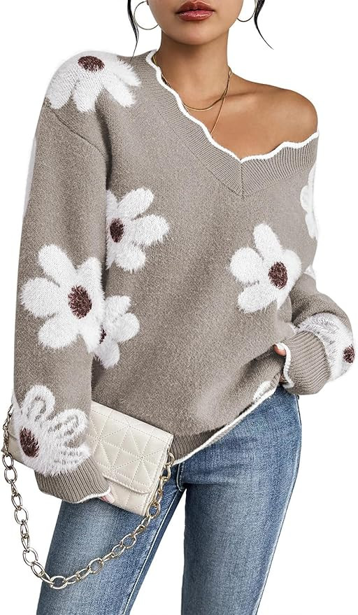 Pink Queen Women's Oversized V Neck Fuzzy Sweaters 2024 Casual Loose Long Sleeve Chunky Knit Pull... | Amazon (US)