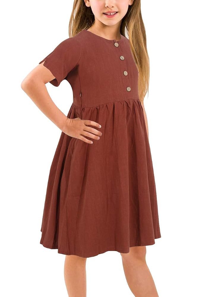 GORLYA Girl's Short Sleeve Button Up Pleated Waist Loose Casual Linen Midi Dress with Pockets for... | Amazon (US)