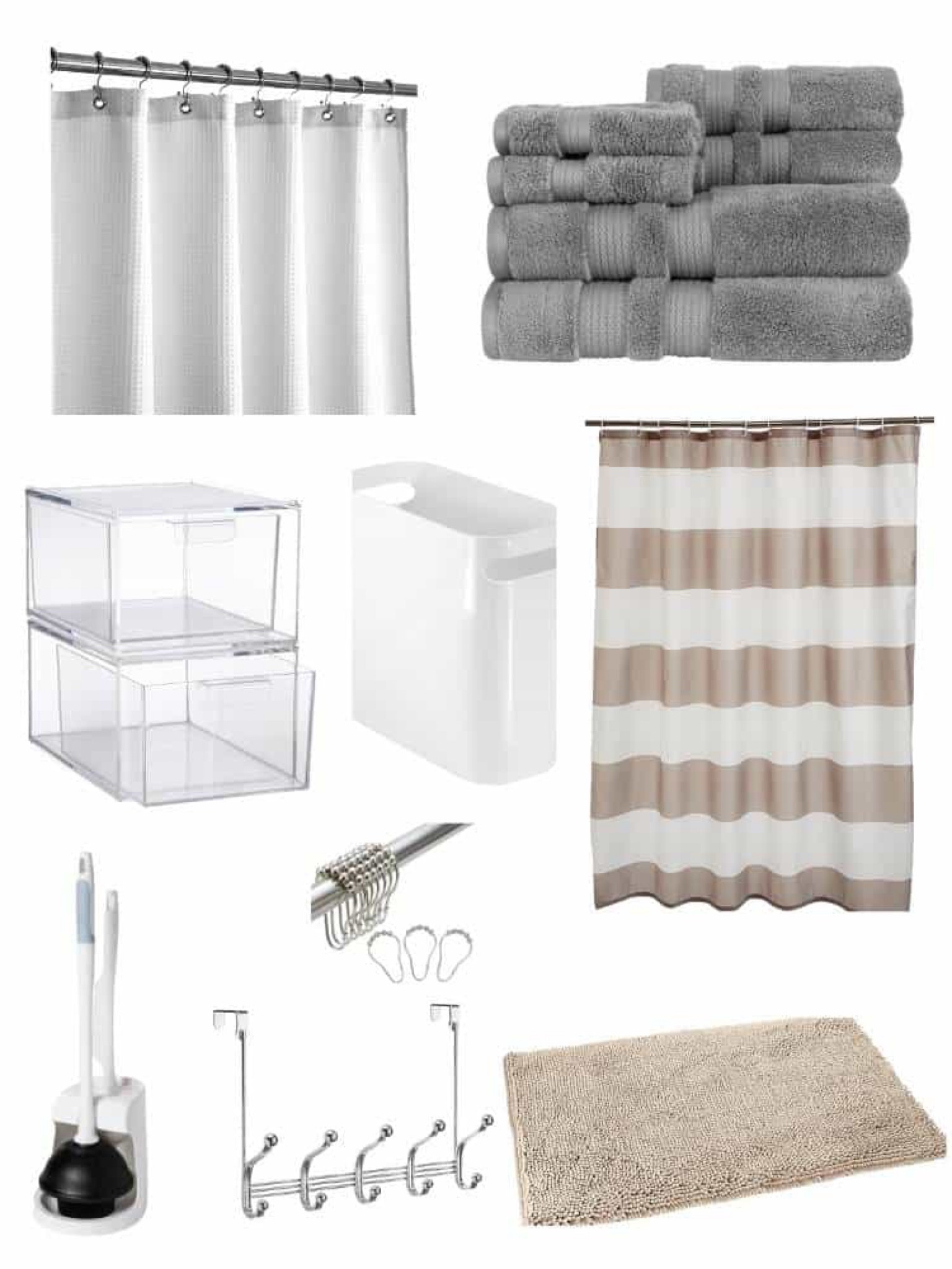 Apartment shopping for your first place after college? Don’t forget to pick up these essentials for your new bathroom. . Whether you need an extra long shower curtain or a regular length we’ve got you covered. And make sure you pick up a set of shower curtain rings. Highly rated bathroom towels and rugs in any color you want. Over the door hooks and plastic stacking storage drawers provide extra storage. Don’t forget the trashcan and plunger.

#LTKunder50 #LTKBacktoSchool #LTKhome