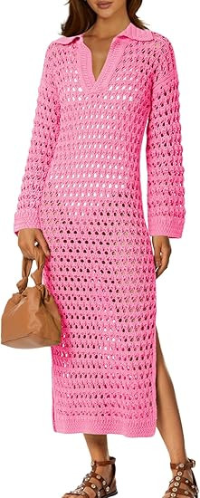 Saodimallsu Womens Crochet Swimsuit Cover Up V Neck Collared Long Sleeve Mesh Knit Long Beach Cov... | Amazon (US)