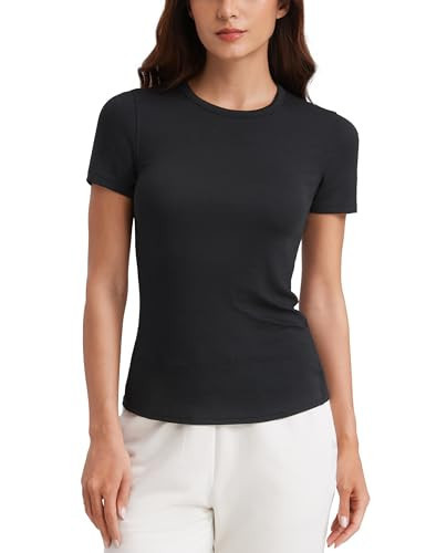 CRZ YOGA Womens Ribbed Modal Casual Short Sleeve Crew Neck Basic Shirts Going Out Soft Fitted Stretchy Athletic Workout Tops Black X-Large | Amazon (US)