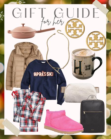 Gift guide for her with the best gift ideas including the always pan, monogram mug, Tory Burch earrings, festive pajamas, belt bag, travel bag, mini Ugg boots, initial necklace, sweater and puffer jacket #ltkholiday #ltkhome #ltkstyletip #ltkitbag #ltkshoecrush 

#LTKGiftGuide #LTKSeasonal #LTKxAF