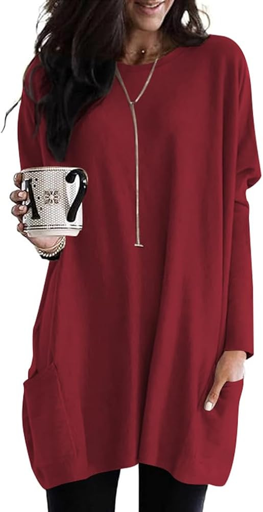 Poetsky Fall Womens Tunic or Tops to Wear with Leggings Long Sleeve Casual Long Shirts with Pocke... | Amazon (US)