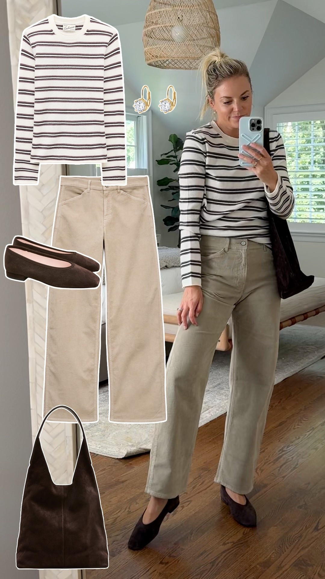 Stripes and neutrals fall outfit 🍂 chocolate brown flats are on sale!! 
-small sweater, tts 
-26R corduroy pants, tts, I’m 5’5
-flats tts 
-20% off my everyday earrings with code TAKE20

#LTKSaleAlert