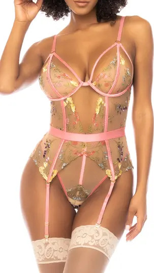 Embroidered Underwire Teddy with Garter Straps | Nordstrom