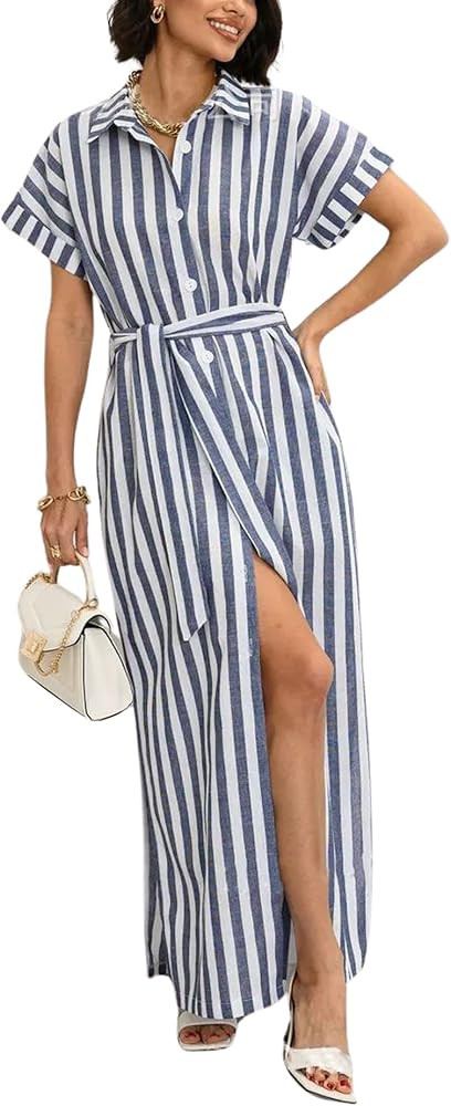 chouyatou Women's Summer Short Sleeve Striped Shirt Dress Beach Maxi Long Belted Casual Button Do... | Amazon (US)
