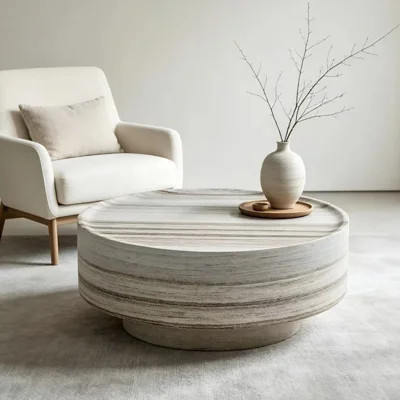 31.49 Inch Round Drum Coffee Table, Fiberglass Layered Faux Stone Coffee Table, Wabi-Sabi Minimalist Accent Table for Living Room | Wayfair North America