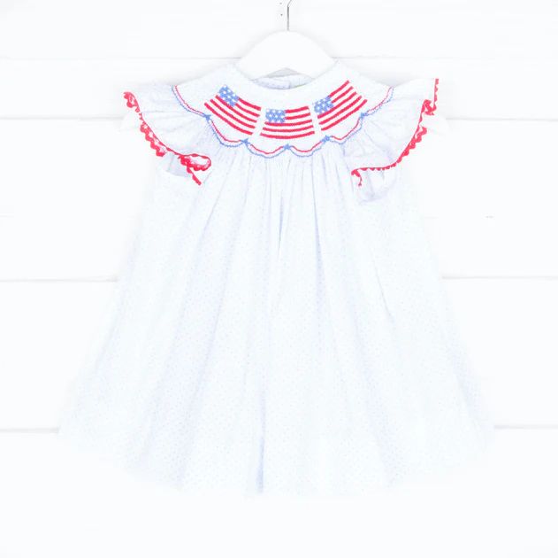 Smocked Flags White with Blue Dots Angel Sleeve Dress | Classic Whimsy