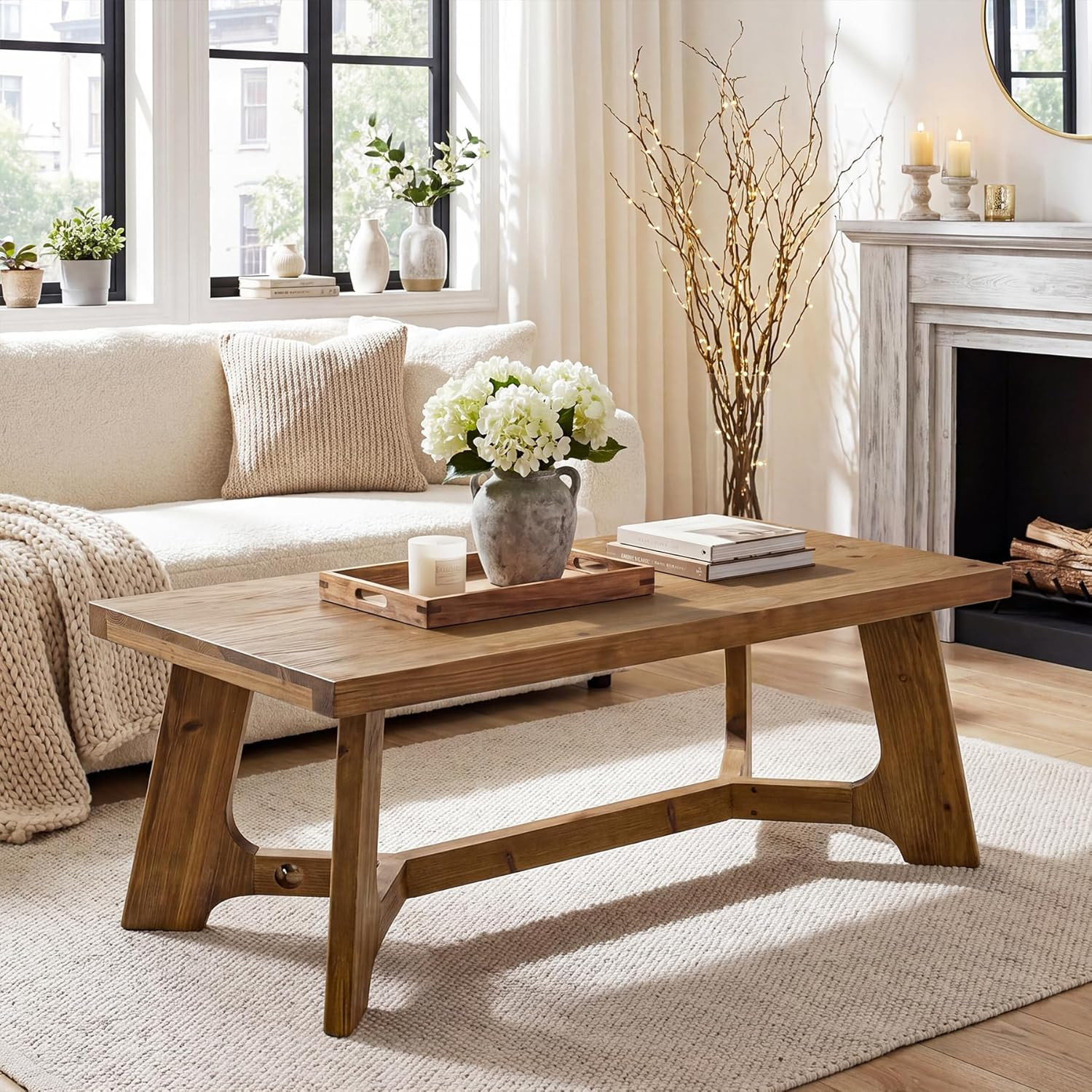 Solid Wood Coffee Table, 47-Inch Rectangle Coffee Table for Living Room, Farmhouse Accent Low Tea Tables for Home, Office, Brown | Amazon (US)