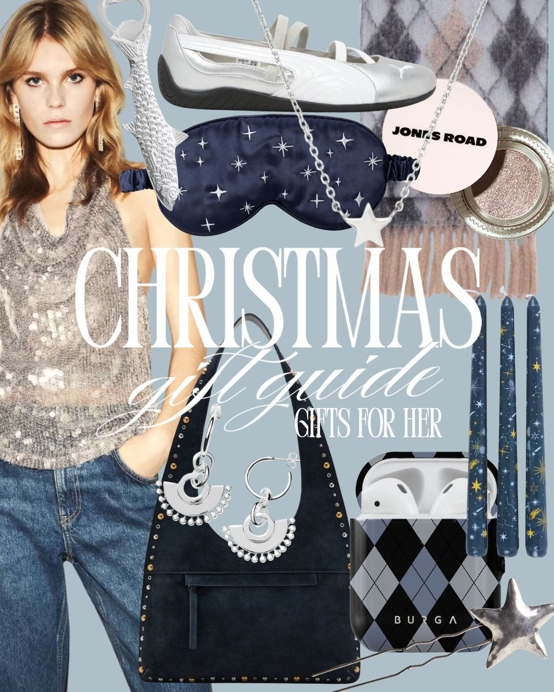 🎄 Gift Guide Part 13: Gifts for Her 🎄
A curated mix of gift ideas for your sister, girlfriend, mum, best friend, or anyone who loves cool tones, sparkle, and cosy textures.

✨ Mango Sequin Top – £29.99 (for the party lover)
✨ Mango Studded Shoulder Bag – £79.99 (for the minimalist dresser)
✨ BURGA AirPods Case – £14.95 (for the tech-obsessed)
✨ Lily & Roo Star Necklace – £59.25 (for the jewellery fan)
✨ Jones Road Sparkle Shadow – £26 (for the beauty lover)
✨ Mango Scarf – £29.99 (for the winter walker)
✨ Something Different Taper Candles – £16 (for the homemaker)
✨ H&M Fish Bottle Opener – £9.99 (for the host)
✨ Free People Star Hair Pins – £15 (for the accessory girl)
✨ Cult Beauty Eye Mask – £15 (for the self-care lover)
✨ Puma Mary Jane Trainers – £70 (for the trend-setter)
✨ Missoma Silver Earrings – £139 (for the jewellery lover)

Shop the full edit — the perfect blend of festive, useful and stylish 🎁 

#LTKGiftGuide #LTKHoliday #GiftsForHer #GiftsForMum #GiftsForSister #GiftsForFriends #ChristmasGiftIdeas #UKGiftGuide #HolidayGifting 

 #LTKCyberWeek #LTKuk #LTKgiftguide