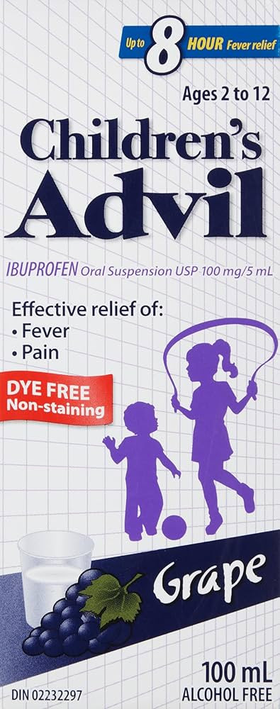 Children's Advil (100 ML, Grape Flavour) Ibuprofen Suspension Dye Free Temporary Fever Reducer | Amazon (CA)