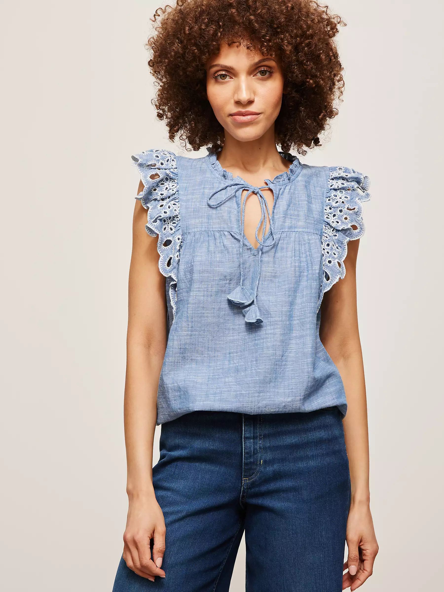 AND/OR Suri Chambary Embroidered Blouse, Blue | John Lewis (UK)