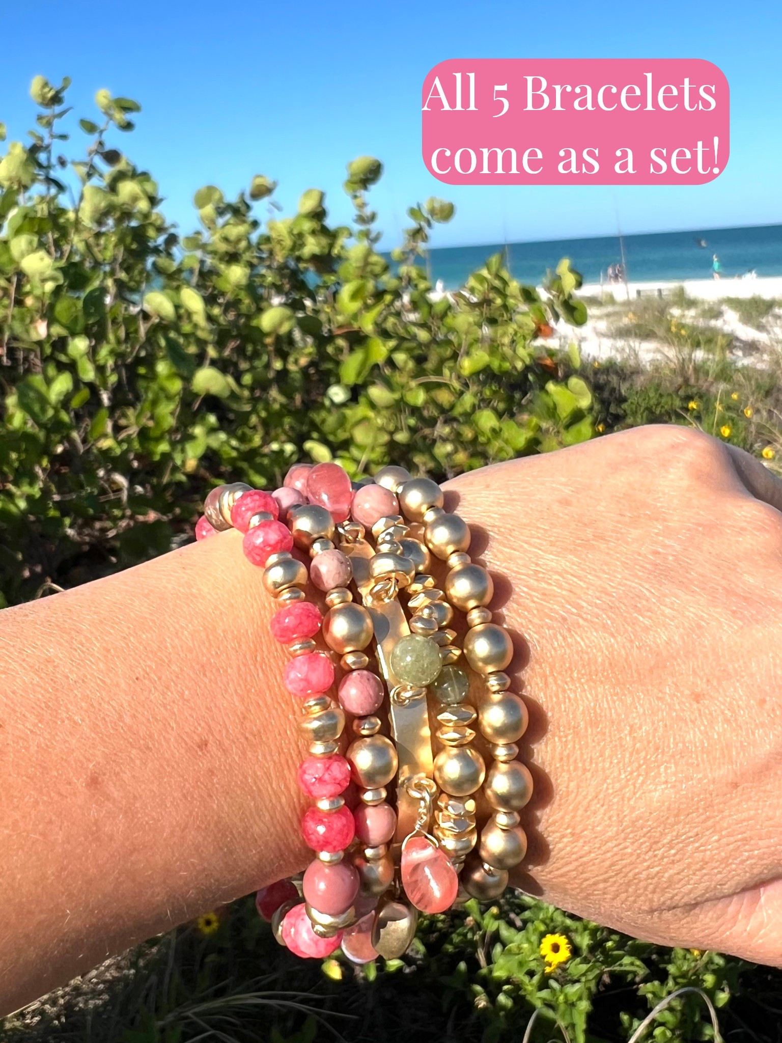 All 5 bracelets come as a set. Great colors for spring and summer. Pinks, greens, golds and earth tones.

#LTKSeasonal #LTKOver40 #LTKSaleAlert #LTKU #LTKTravel #LTKgrwm #LTKootd #LTKMothersDay #LTKSwim #LTKFestival