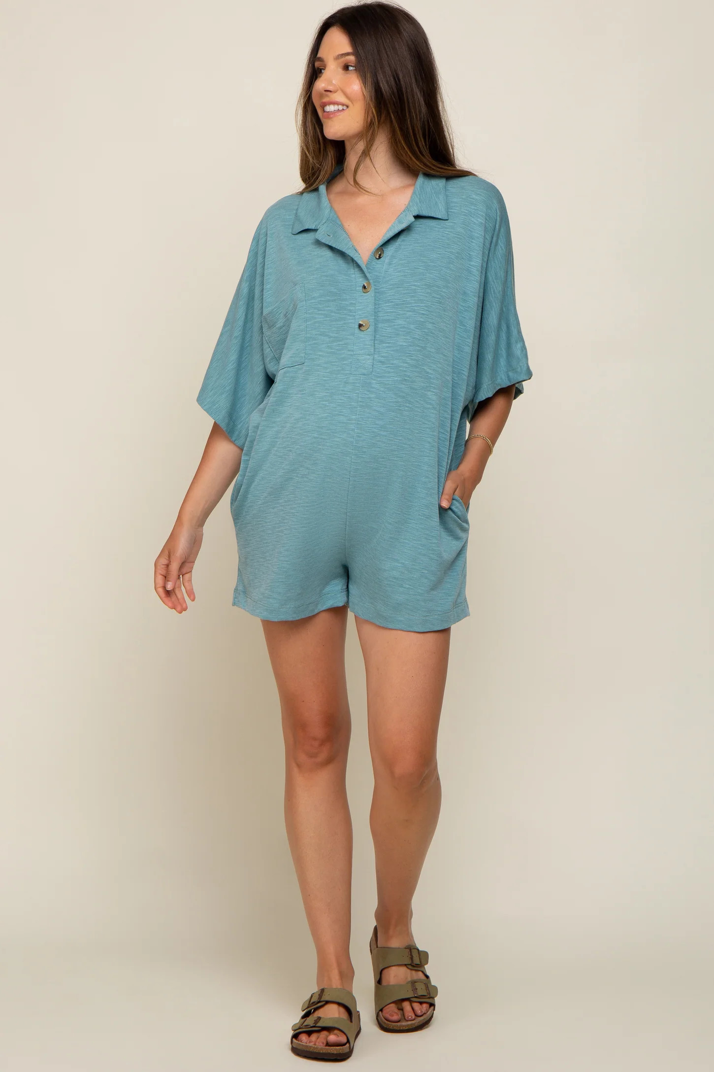 Teal Heathered Front Button Maternity Romper | PinkBlush Maternity