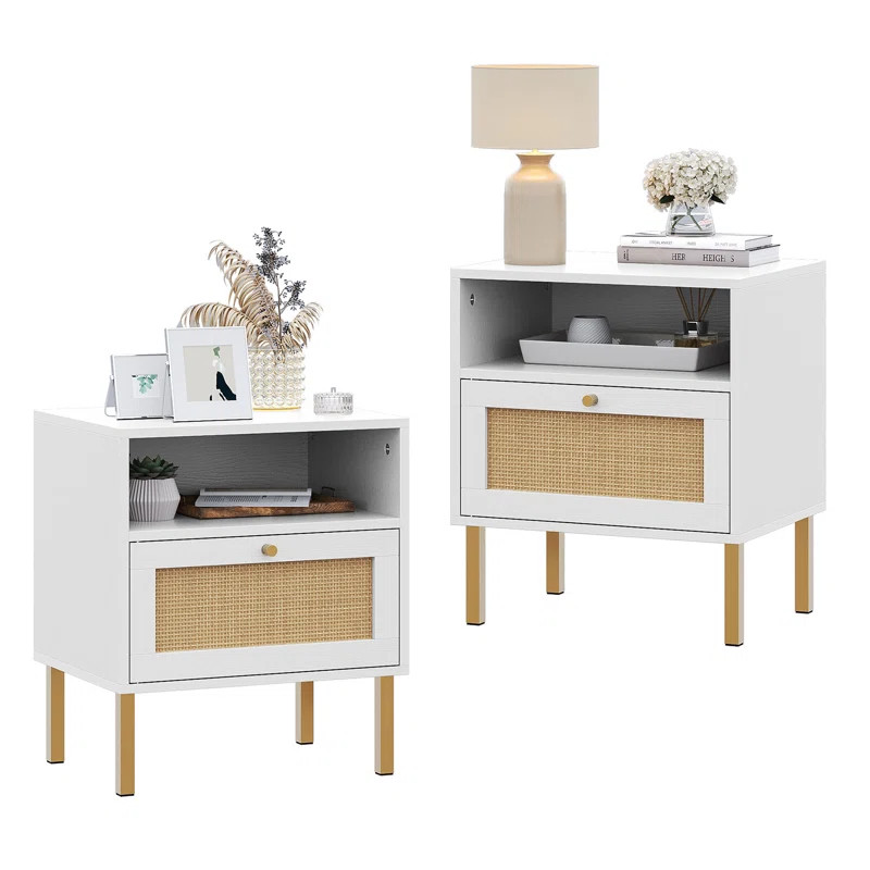 Aimara Rattan Nightstand Set 2, Bedside Table with Open Shelf and Door, Boho End Table (Set of 2) | Wayfair North America