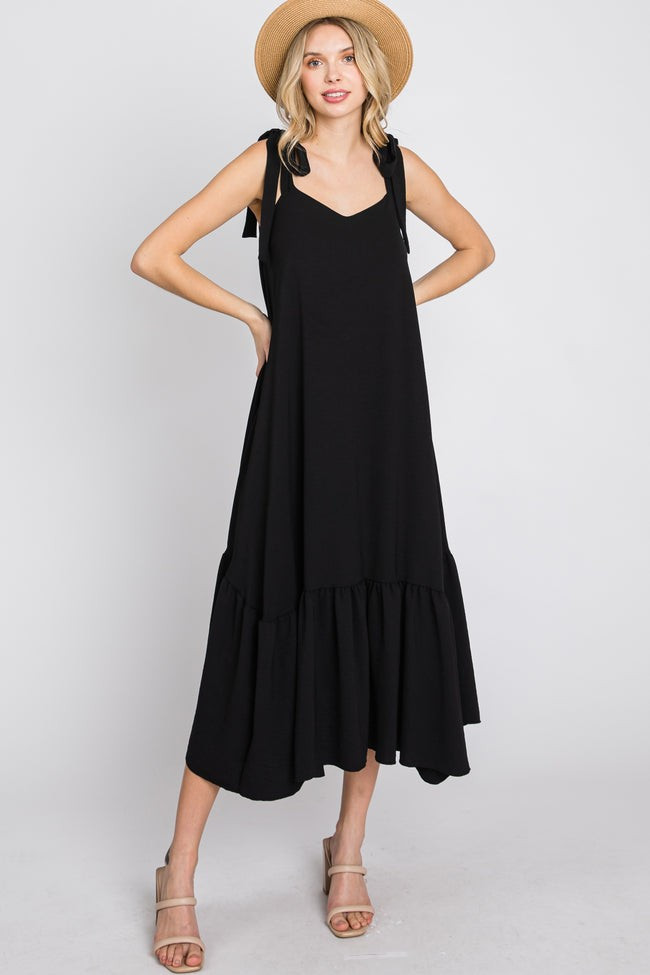 Black Tie Strap Ruffle Hem Midi Dress | PinkBlush Maternity