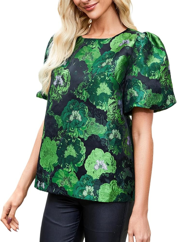 Kedera Women's Floral Jacquard Shirt Crewneck Puff Sleeve Blouse Elegant Work Shift Tops | Amazon (US)