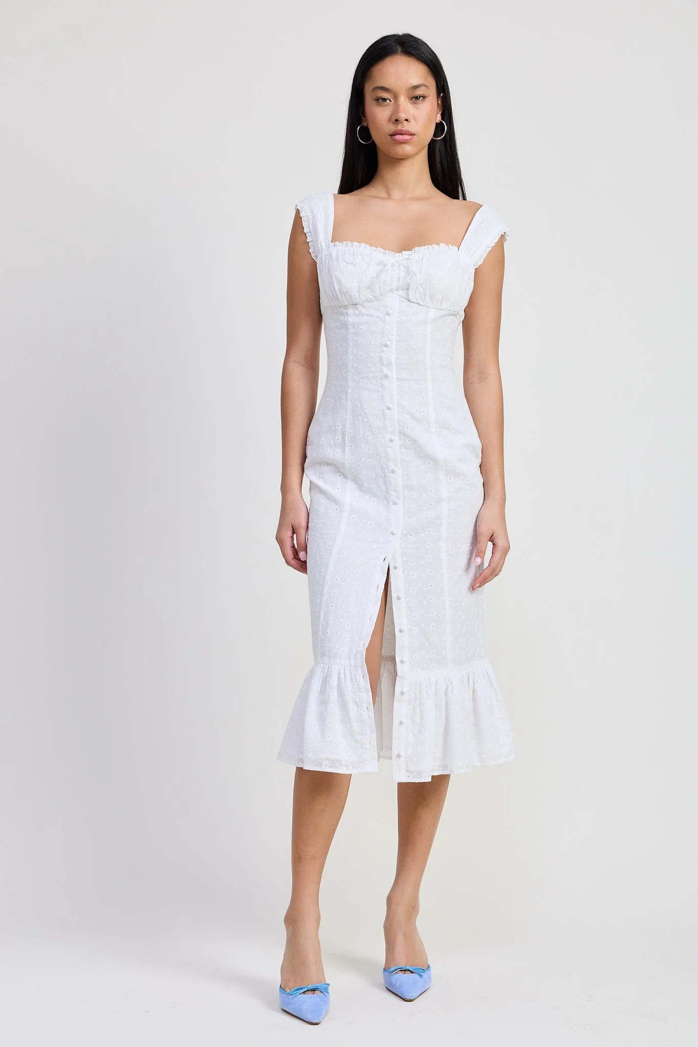 White Eyelet Midi Dress with Button Front | Fashion And Icon