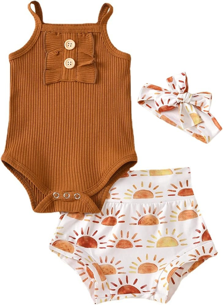 Newborn Baby Girls Romper Shorts Set 3pcs Cotton Romper Floral Shorts with Headband Summer Cute B... | Amazon (US)
