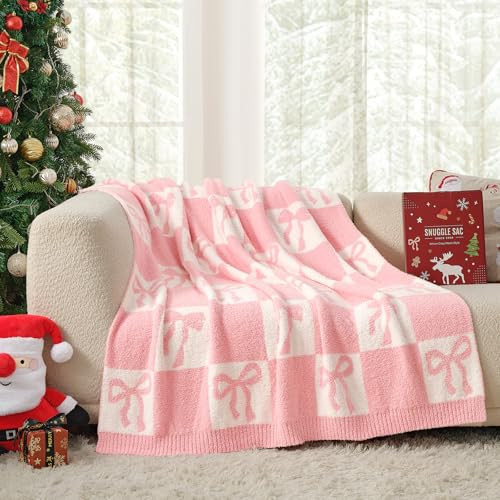 Snuggle Sac Bow Throw Blanket for Couch Microfiber Fluffy Warm Cozy Fuzzy Reversible Checkered Blankets for Sofa, Chair, Bed, 50x60 inches | Amazon (US)