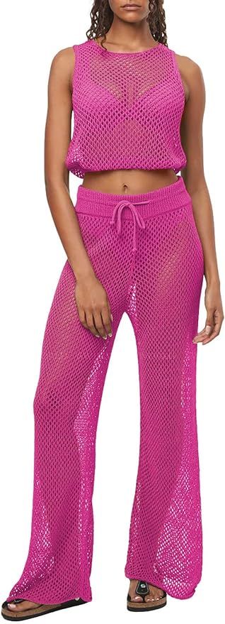Pink Queen Women's Swimsuit Cover Up Set 2 Pieces Crochet Sleeveless Crop Top Wide Leg Long Pants... | Amazon (US)