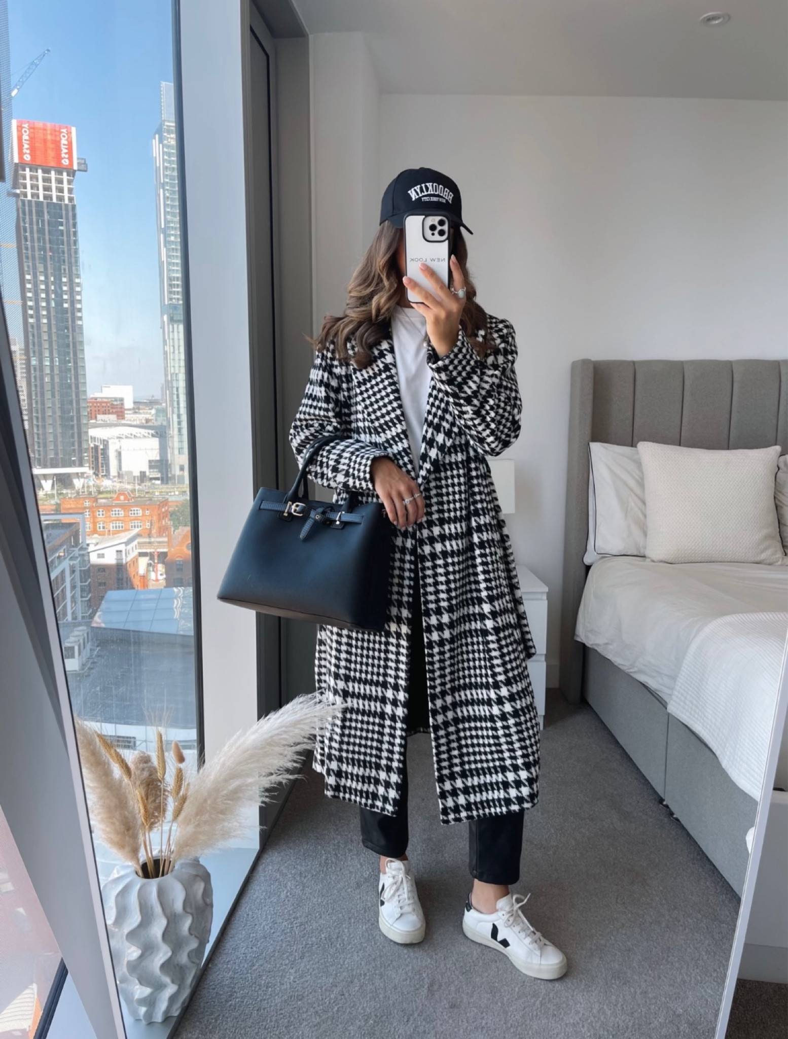 WhatEmWore X Newlook edit, autumn winter style, autumn outfit inspiration, black check longline coat, white T-shirt, leather trousers, cap 

#LTKSeasonal #LTKeurope #LTKstyletip