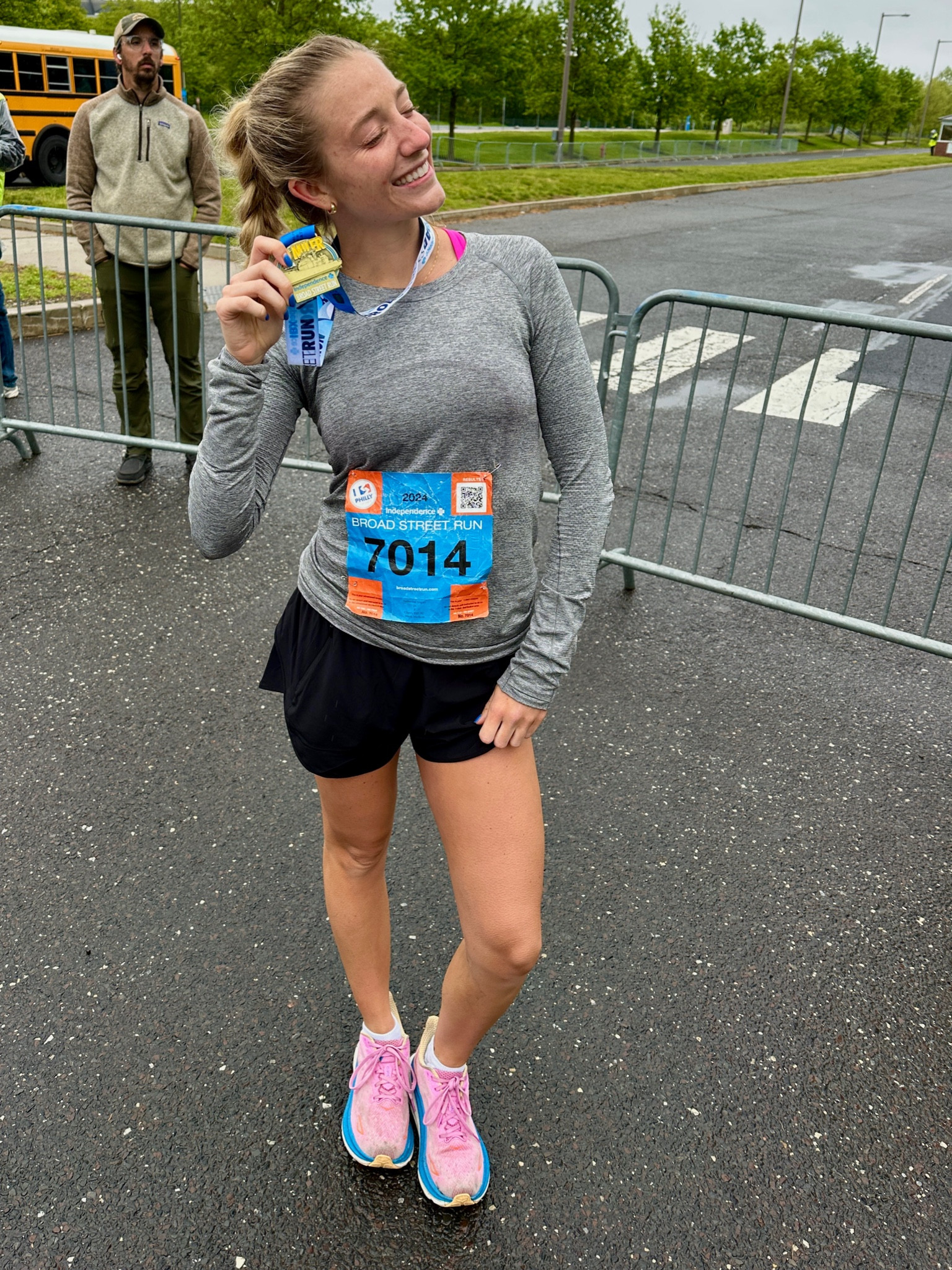 Running outfit! Fitted grey long sleeve with loose black running shorts and pink shoes  

#LTKfitness #LTKActive #LTKfindsunder50