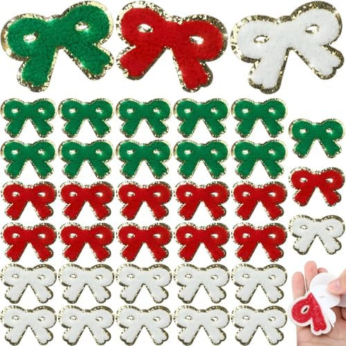 Retrowavy 36 Pcs Christmas Bow Chenille Patches Gold Edges Bow Self Adhesive Patches Applique DIY... | Amazon (US)
