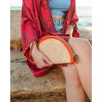 Handcrafted Half-Moon Raffia Clutch With Orange Trim, Boho Chic Summer Purse, Eco-Friendly Beach Handbag, Unique Woven Evening Bag | Etsy (US)