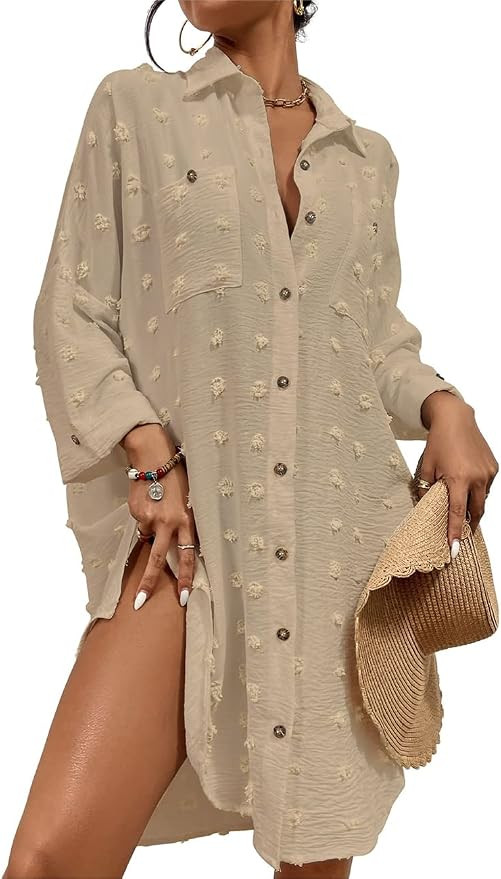 Bsubseach Women Swimsuit Coverup Blouse Button Down Shirt Dresses Swiss Dot Tops | Amazon (US)