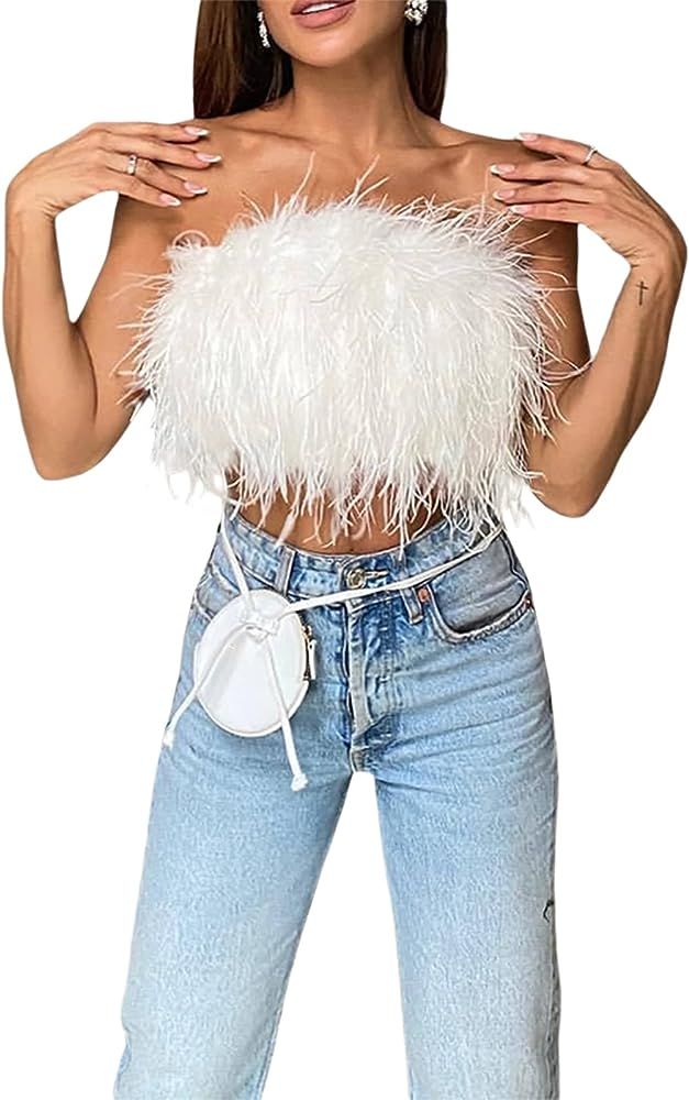 Women Sexy Feather Crop Top Furry Faux Fur Strapless Tube Top Bandeau Backless Tank Tops Rave Cami C | Amazon (US)