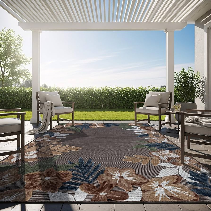 Outdoor Rug 5x7 Washable Area Rugs Indoor Outdoor Carpets Brown Border Floral Non Shedding Waterp... | Amazon (US)