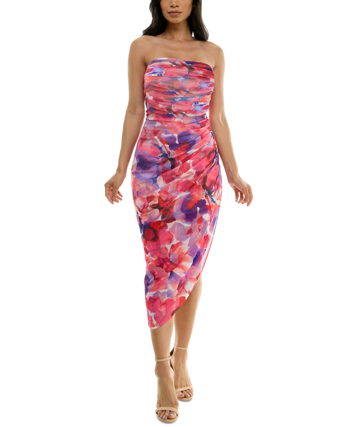 Emerald Sundae Juniors' Strapless Ruched Mesh Bodycon Midi Dress - Fuschia | Macy's