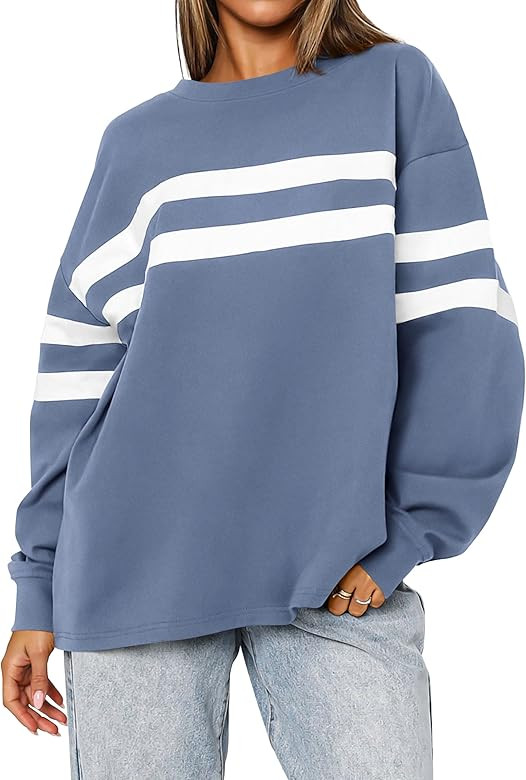 MASCOMODA Women's 2024 Striped Oversized Sweatshirt Fall Crewneck Long Sleeve Shirts Casual Color... | Amazon (US)
