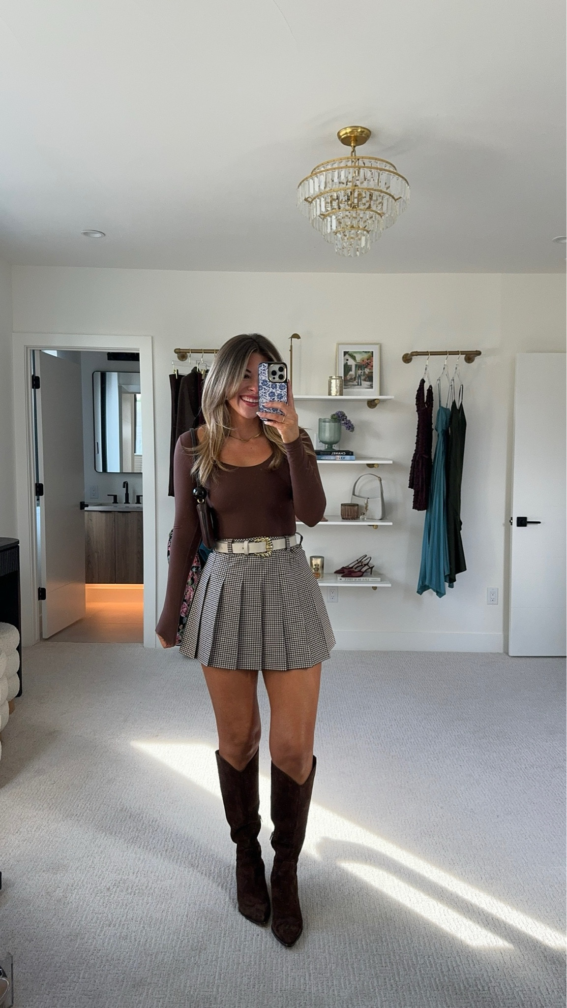 Fall transitional look everyday causal fall outfit brown long sleeve bodysuit [sized down to xs] with plaid skirt [size small]

#LTKFindsUnder100 #LTKStyleTip #LTKSeasonal