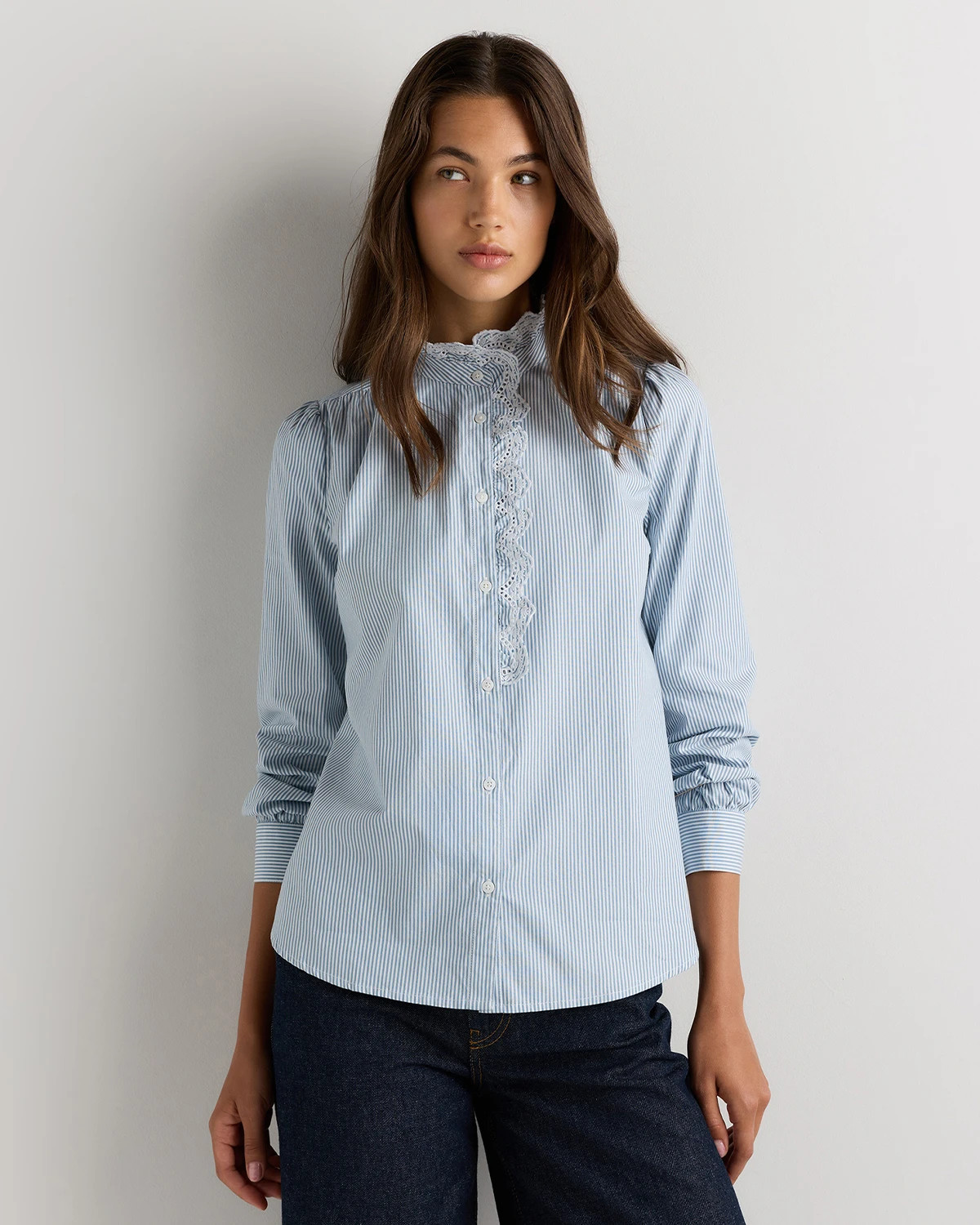 Quince | Women's Lace Ruffle Blouse in Light Blue Stripe, Size Large, Organic Cotton | Quince