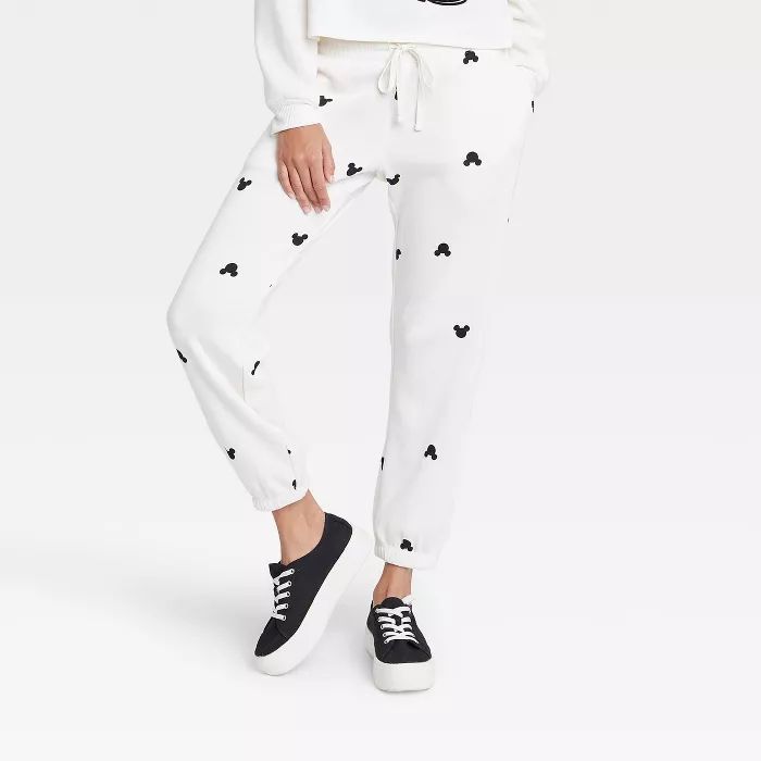 Women's Disney Mickey Mouse Flocked Graphic Jogger Pants - Off-White | Target