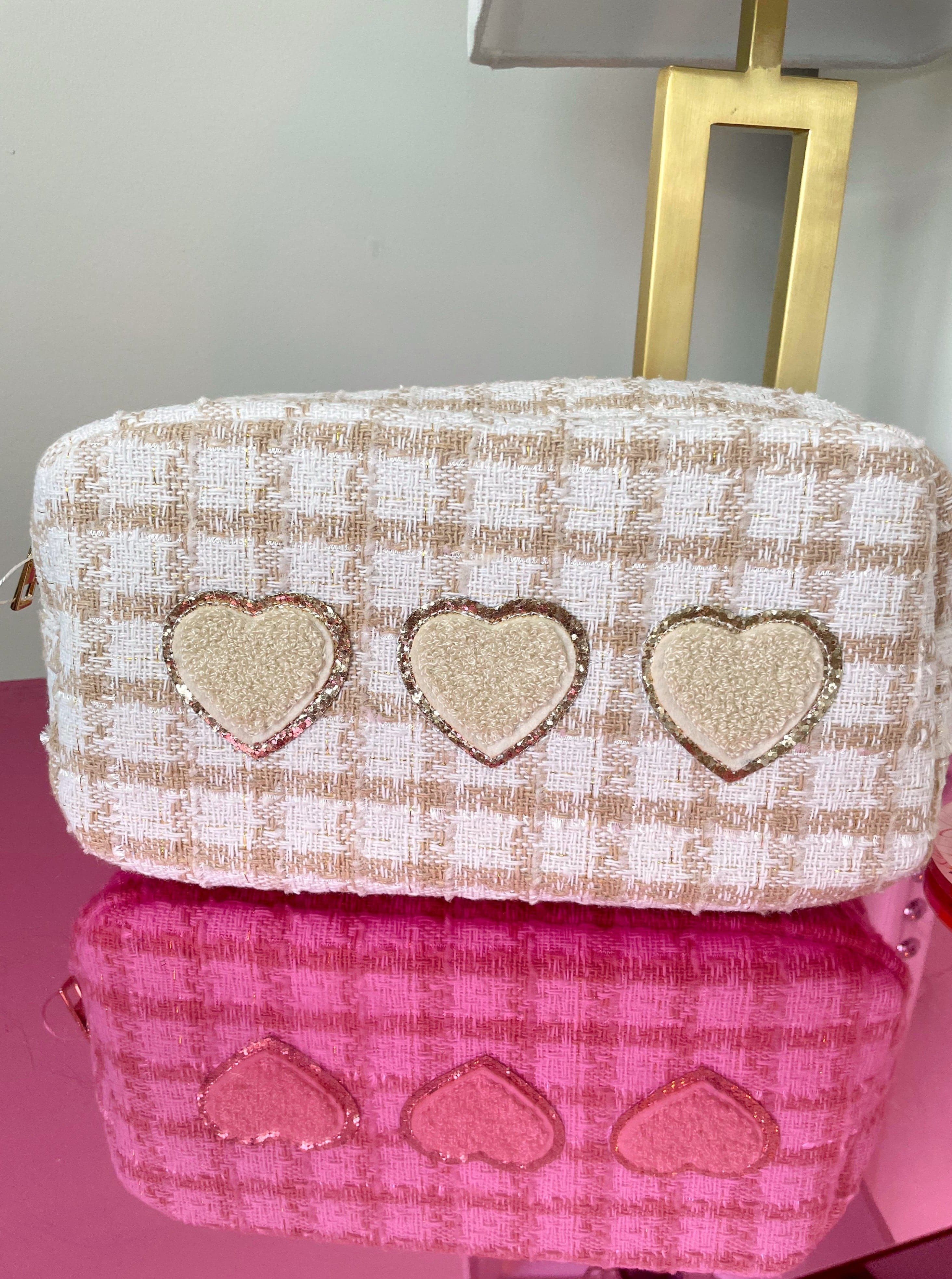 Beige Plaid Hearts - Large Makeup Bag | KenzKustomz
