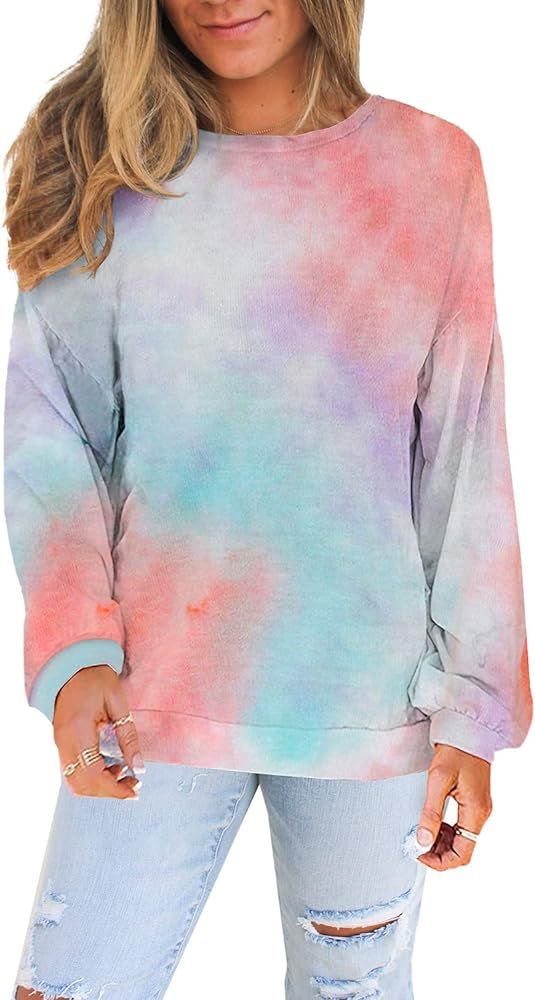 Women's Casual Color Block Tie Dye Crewneck Long Sleeve Loose Pullover Sweatshirt Tops | Amazon (US)