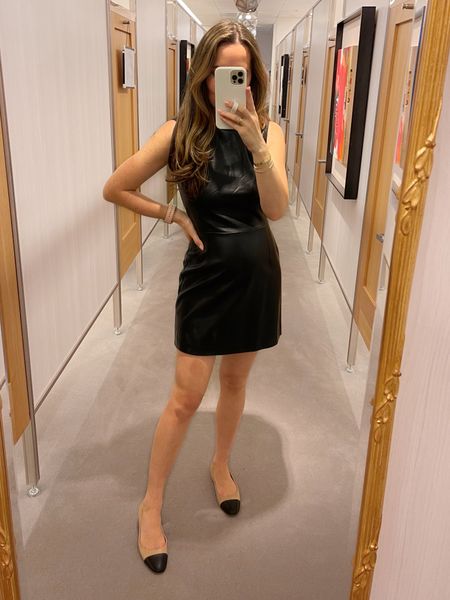 French Connection leather shift dress runs true to size (wearing size 2) with Steve Madden cap toe flats (Chanel look for less)  

#LTKxNSale #LTKsalealert #LTKSeasonal