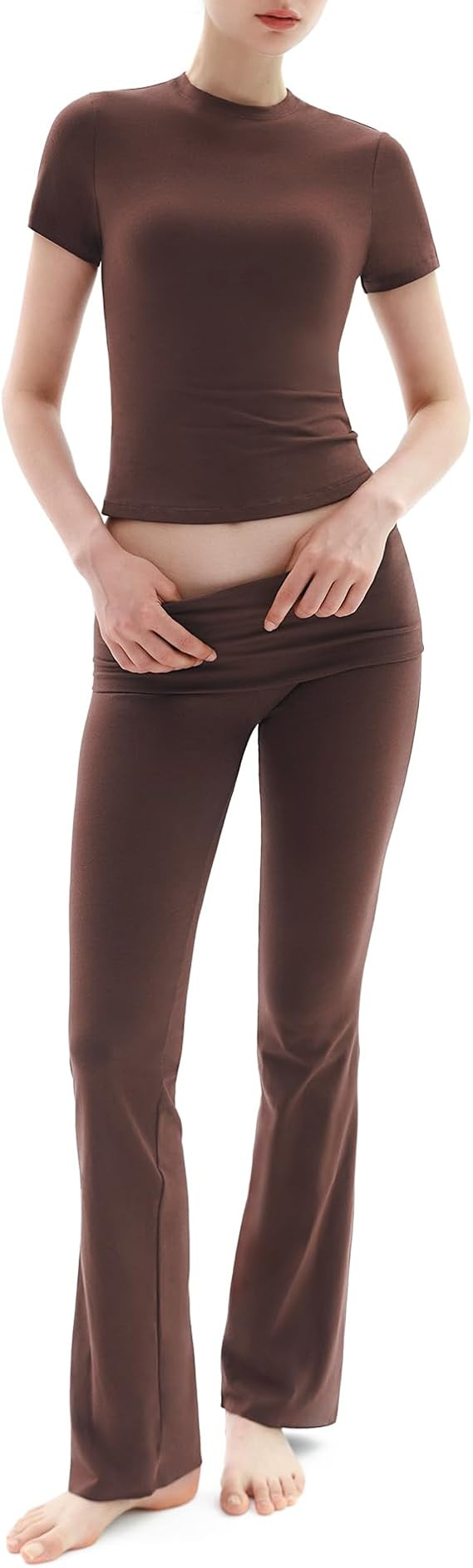 PUMIEY Women's 2 Piece Lounge Sets Short Sleeve Tops Fold-Over Flare Pants Casual Outfits Pajama ... | Amazon (US)