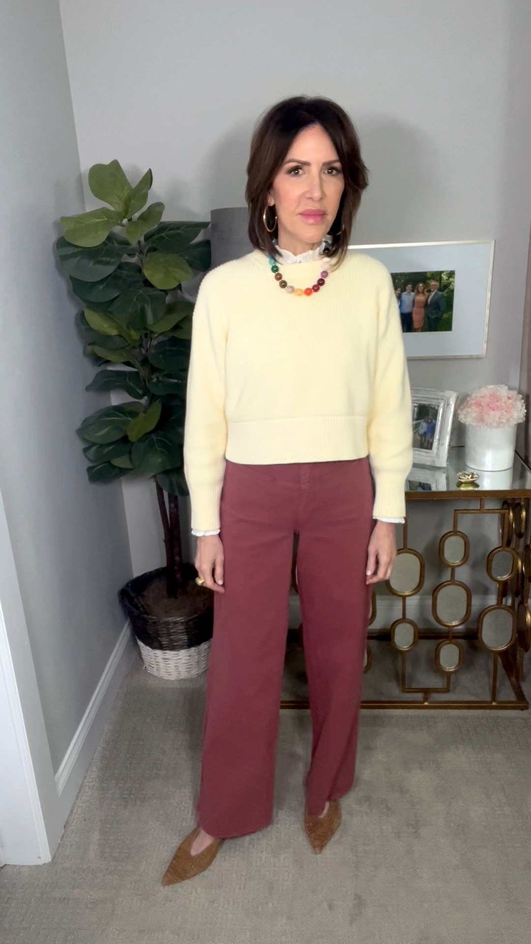 yellow sweater, colorful beaded necklace, pink pants, brown heels, over 50 outfits, spring outfit 

#LTKgrwm #LTKSeasonal #LTKOver40