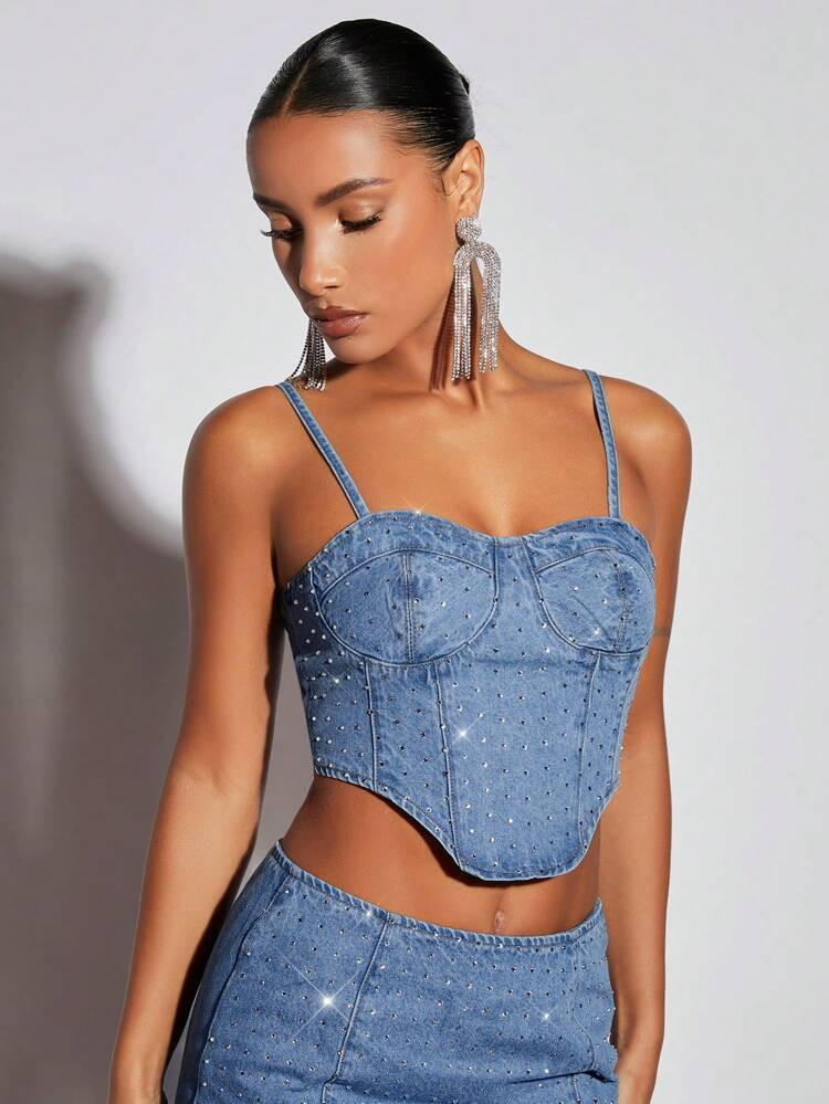 SHEIN BAE Casual Eenkleurig Denim top Asymmetrisch Bergkristal Rits Beker detail | SHEIN