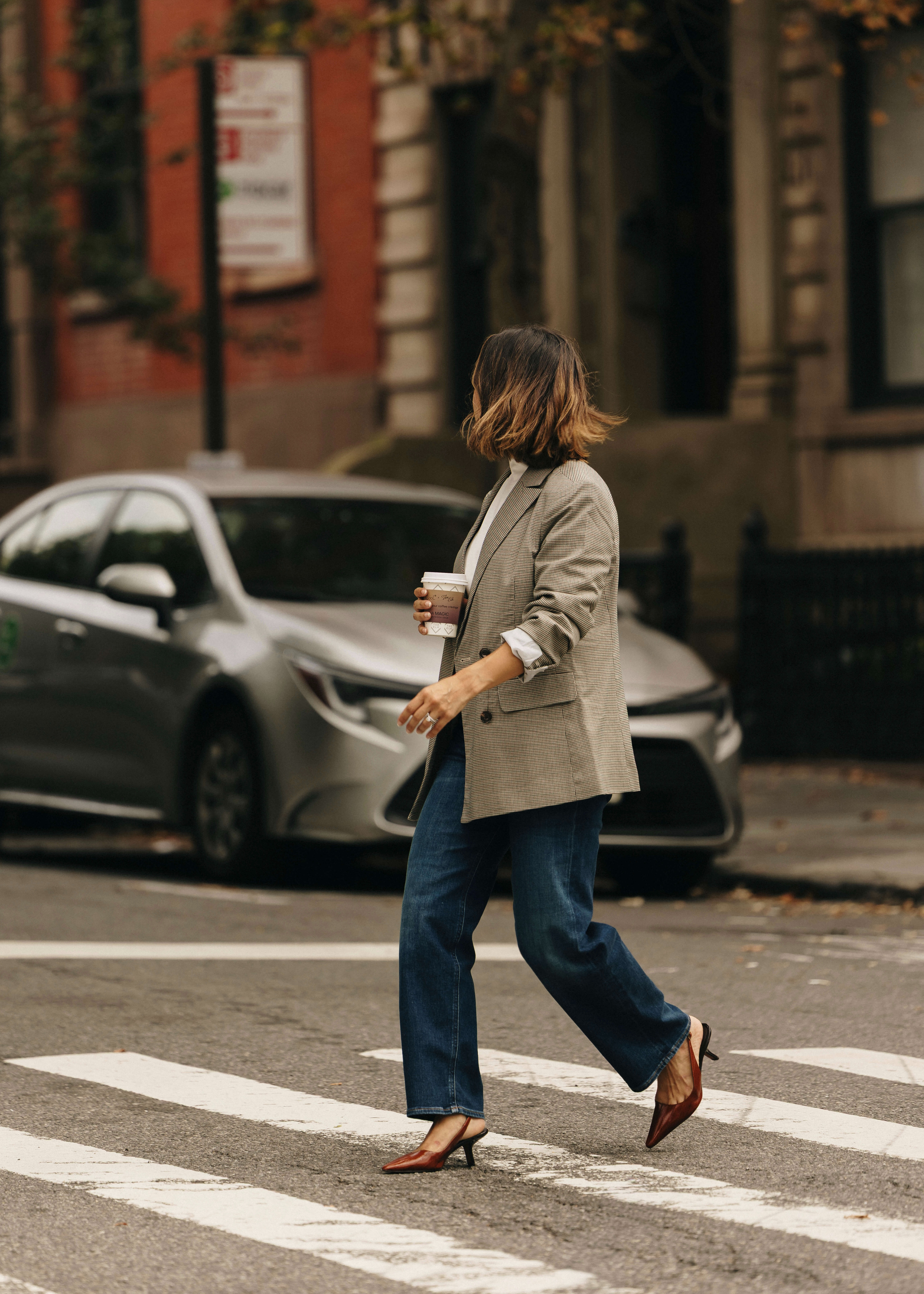 One of my favorite fall outfit formulas: straight-leg jeans, a classic blazer, and a simple white tee. The cognac slingbacks add warmth and make this an easy look for work, dinner, or a day in the city.  

 #LTKSeasonal