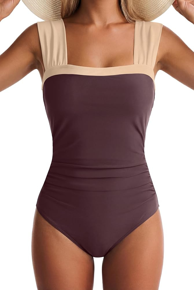 One Piece Swimsuit for Women Tummy Control Bathing Suits Full Coverage Wide Straps Swim Suit Colo... | Amazon (US)