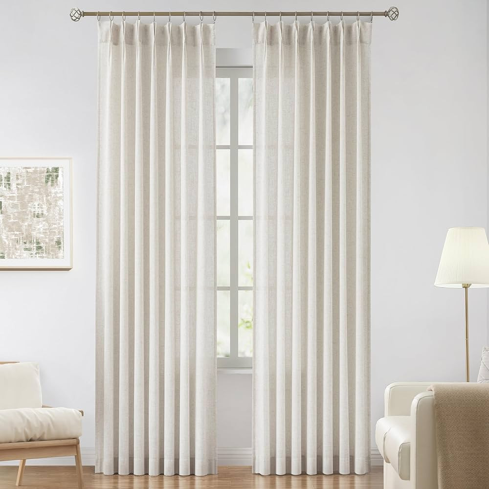 Vision Home Natural Pinch Pleated Semi Sheer Curtains Textured Linen Blended Light Filtering Wind... | Amazon (US)