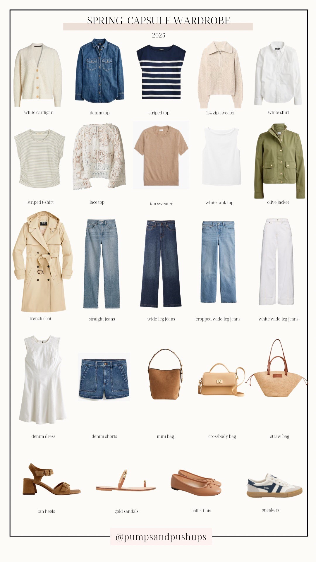 Spring Casual Capsule Wardrobe 2025 

Sizing: 
White cardigan (Quince): xs 
Denim top (J.Crew): petite xxs 
Striped blue top (J.Crew): xxs 
1/4 zip sweater (Gap): petite xs 
White button down (J.Crew): xxs
Striped green top (Madewell): xxs 
Lace top (Anthropologie): xxs 
Tan sweater (J.Crew Factory): xxs 
White tank (Quince): xs 
Olive jacket (J.Crew Factory): petite xxs 
Trench coat (J.Crew): petite 00 
Straight jeans (Madewell): petite 24 rondel wash 
Wide leg jeans (Gap): petite 24 dark wash
Cropped wide leg (J.Crew): petite 23 - size down 
White wide leg (BR Factory): petite 24 
Denim dress (Abercrombie): xxs 
Denim shorts (J.Crew Factory): 24 
Heels (Madewell): tts 
Gold sandals (Dolce Vita): tts 
Flats (J.Crew): tts 
Sneakers (Gola): tts 

My measurements for reference: 4’10” 105lbs bust, waist, hips 32”, 24”, 35” size 5 shoe. 25” inseam measurement to my ankle bone. 



#LTKPetite