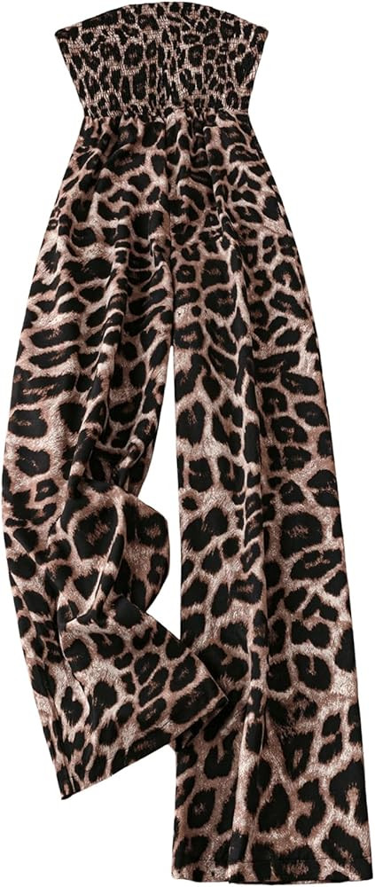 Floerns Women's Cheetah Print Strapless Tube Shirred Sleeveless Wide Leg Romper Jumpsuit | Amazon (US)