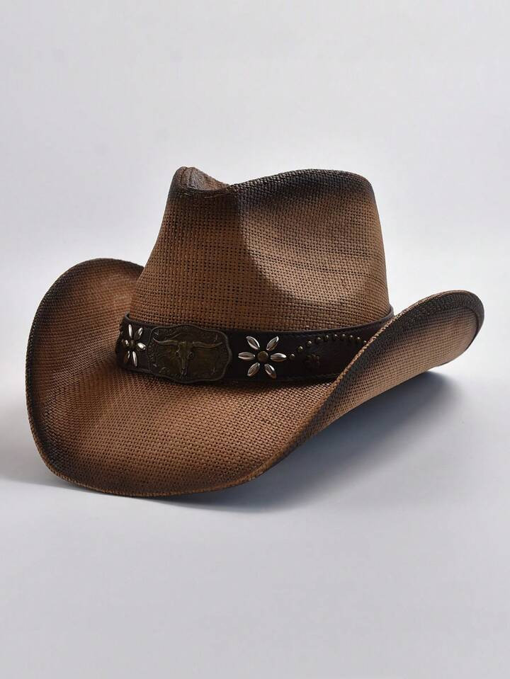 Boho 1pc Women's Western Style Straw Hat Summer Panama Beach Sun Hat Vintage Cowgirl Jazz Cap Cow... | SHEIN