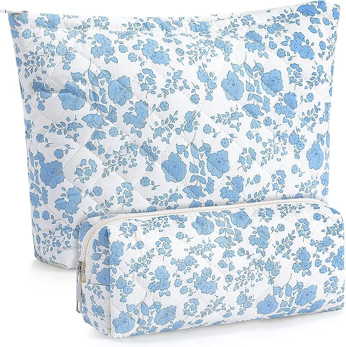Paterr 2 Pcs Quilted Makeup Bag Cotton Coquette Blue Floral Cosmetic Bag Cute Aesthetic Travel To... | Amazon (US)